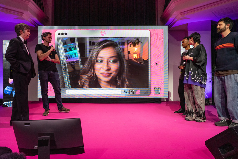 Farfama, Anan Fries, Antonin Fourneau, Julián Cordero Meghna Jayanth Tim Rogers on stage at the A MAZE 2026 award show